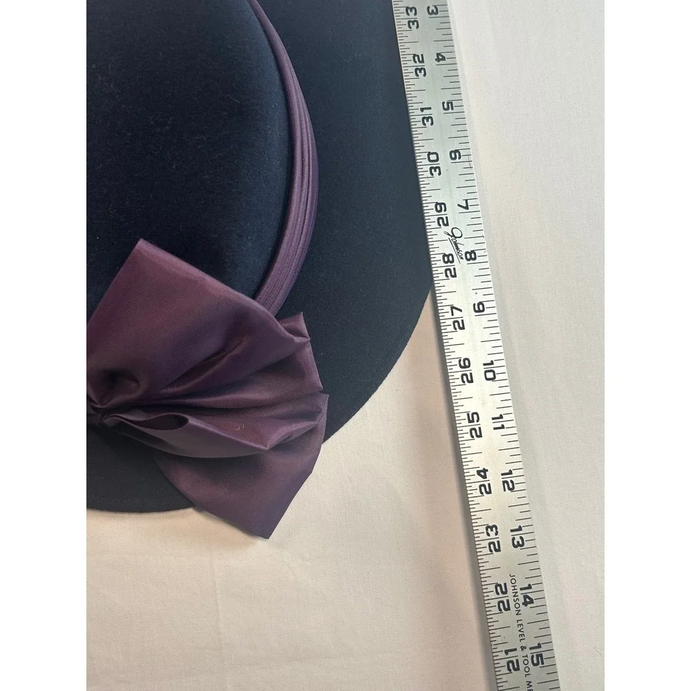 Michael Howard Wool Bow Hat Women OS Black Vintage Wide Brim Satin Trim
